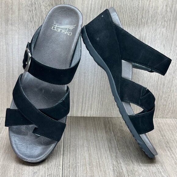 Dansko Aubree Sandals Womens Sz 37 Wedge Slip On Leather Adjustable Strap Black - Picture 8 of 11